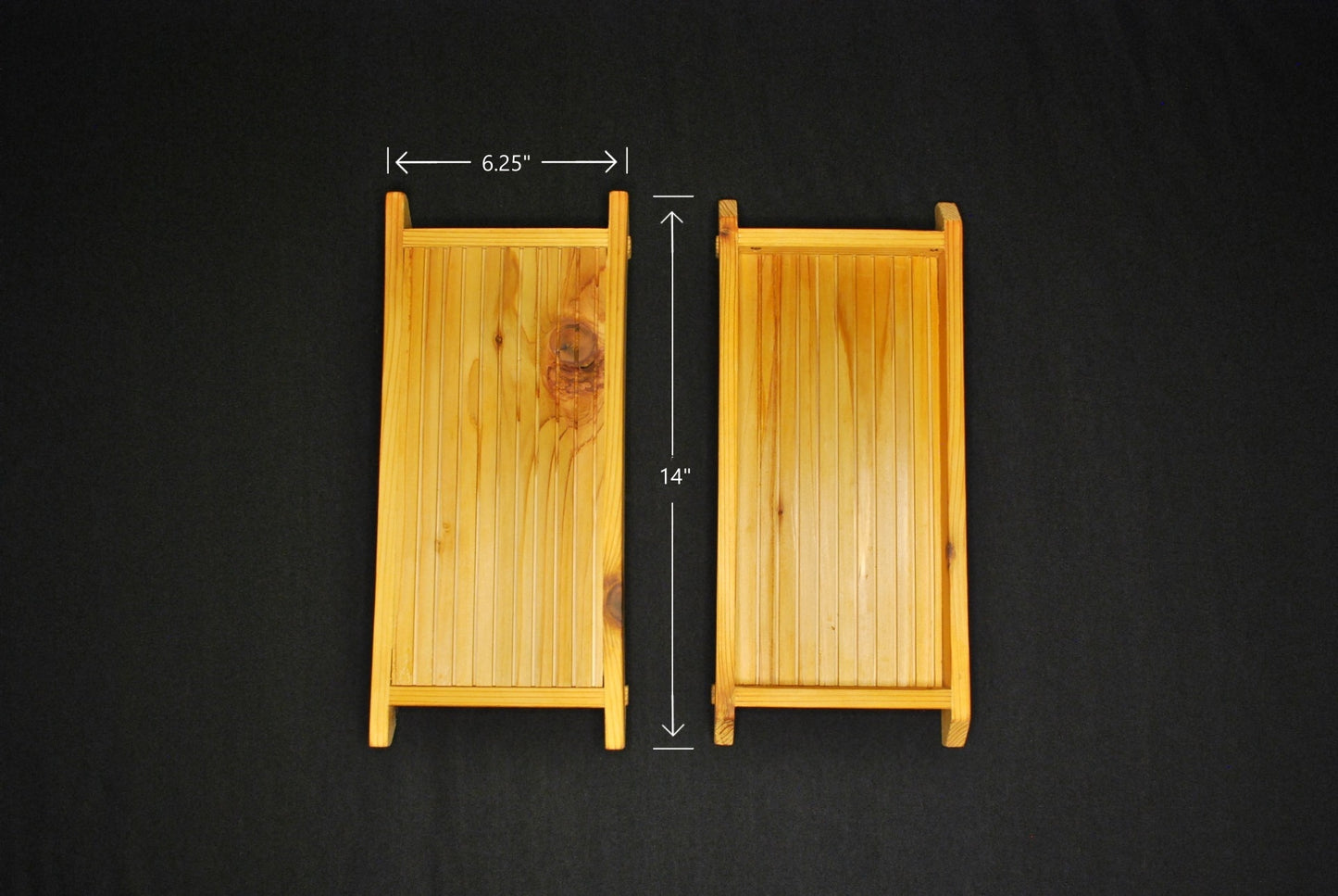 Handmade cedar plant shelf disassembled – individual wood pieces shown with dimensions labeled, including 6.25” and 14” lengths