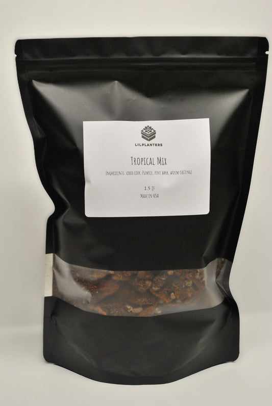 1.5 qt bag of lilplanters tropical soil mix for for tropical plants – handcrafted blend with pumice, coco coir, fine bark, and worm castings in resealable black pouch