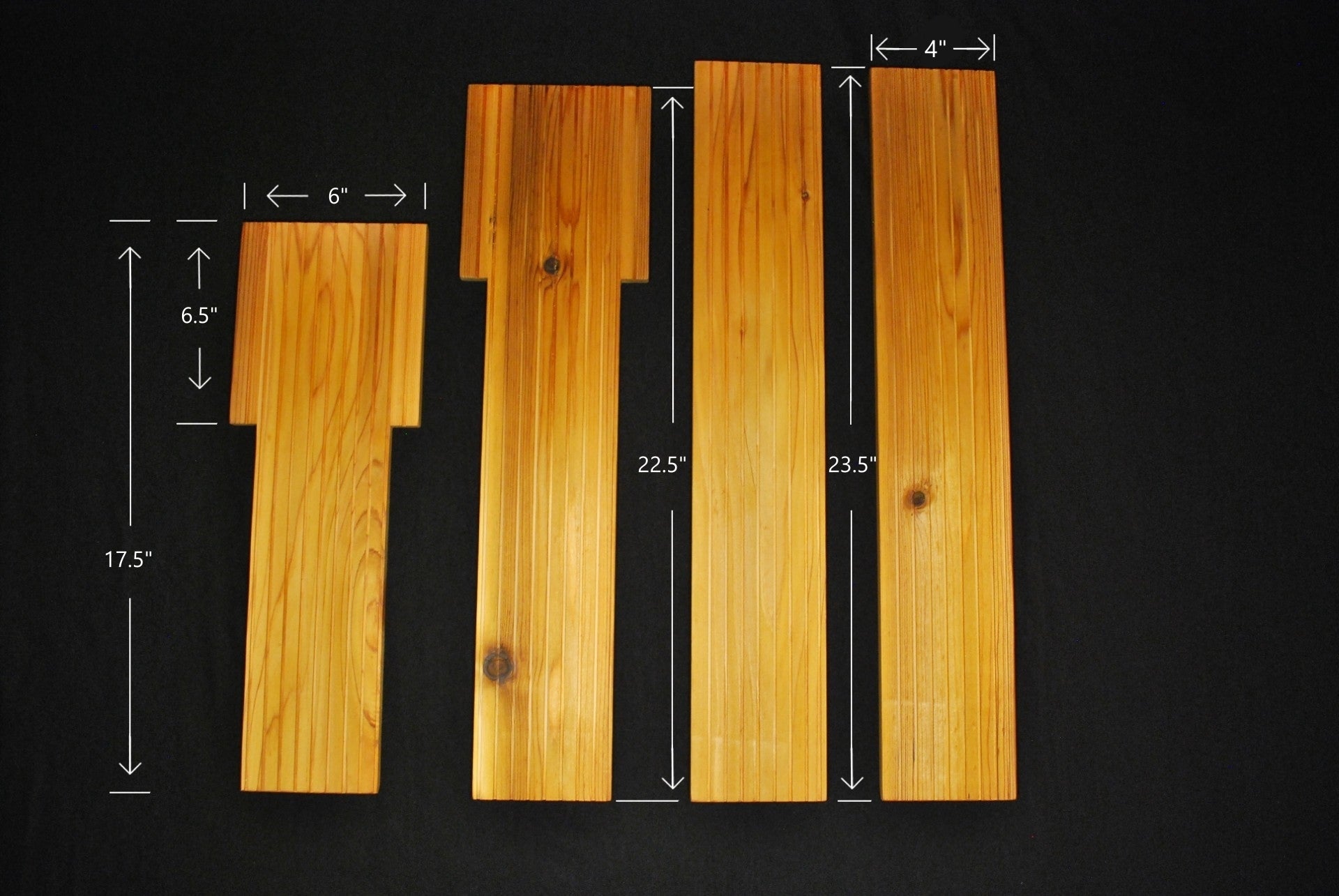 Handmade cedar plant shelf disassembled – individual wood pieces shown with dimensions labeled, including 17.5”, 22.5”, and 23.5” lengths