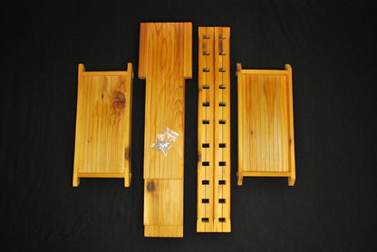 Handmade cedar plant shelf disassembled – individual wood pieces shown with included package contents