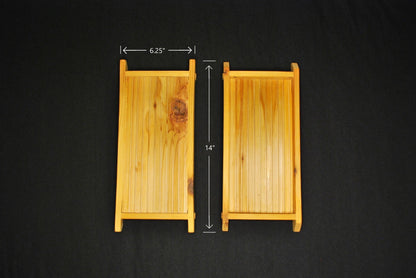 Handmade cedar plant shelf disassembled – individual wood pieces shown with dimensions labeled, including 6.25” and 14” lengths