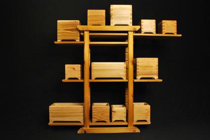 Fully assembled multi-level cedar plant shelf with wooden planters – tiered design showcasing small handcrafted planters on natural wood shelving